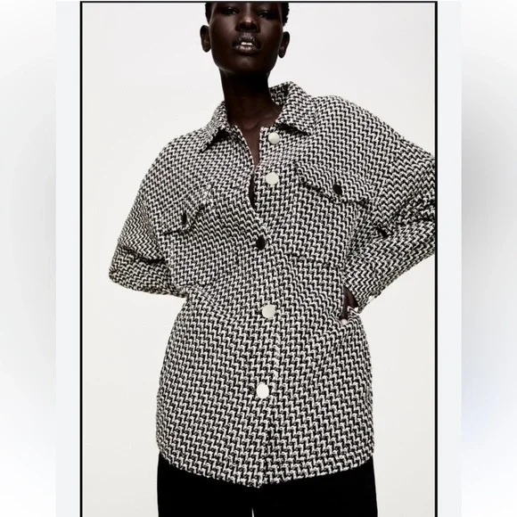 Zara Black White Tweed Shacket Overshirt Jacket Frayed Textured Women Large NWT - Picture 1 of 6